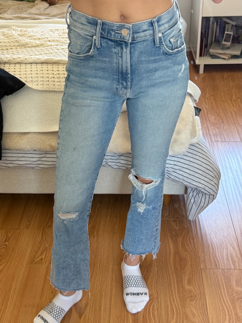 MOTHER Light Blue High-Rise Cropped Distressed Jeans